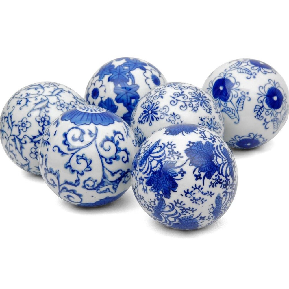 6pc Chinoiserie Blue & White Porcelain Orbs Balls | New in Box